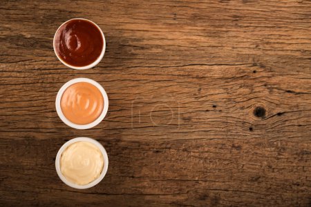 Photo for Ketchup, rose and mayonnaise sauces. - Royalty Free Image