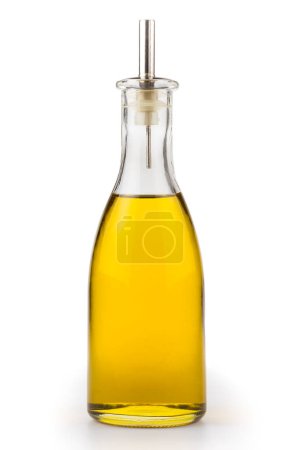 Foto de Botella de aceite de oliva virgen aislada sobre fondo blanco. - Imagen libre de derechos