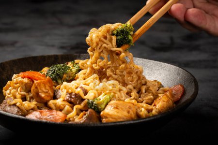 Yakisoba noodles. Yakisoba dish with meat, chicken and vegetables.