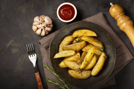 Photo for Roasted potatoes with rosemary on the plate. - Royalty Free Image