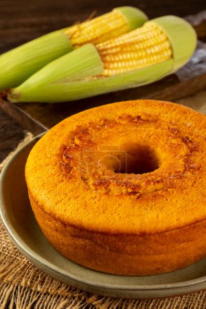 Delicious corn cake on table. Typical Brazilian cake.