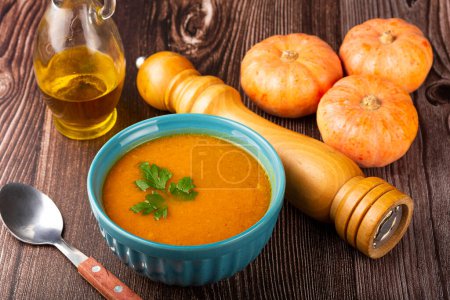 Photo for Delicious homemade pumpkin soup in bowl. - Royalty Free Image