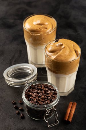 Photo for Iced Dalgona Coffee, glass with milk and coffee cream. - Royalty Free Image