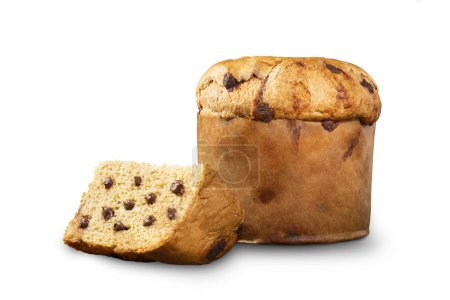 Delicious panettone with chocolate chips on a wooden table. Chocottone