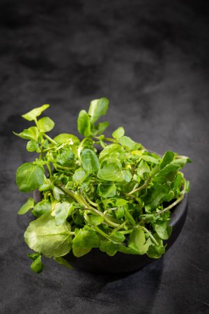 Photo for Green watercress in bowl on the table. - Royalty Free Image