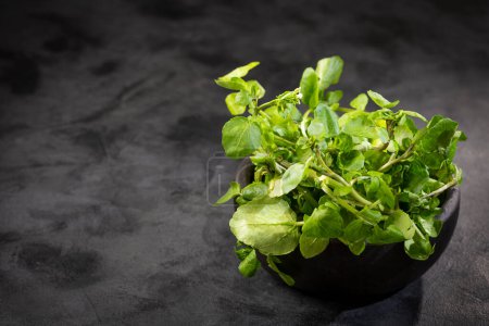 Green watercress in bowl on the table.