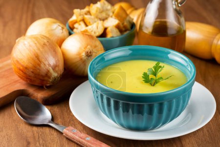Photo for Bowl with onion soup on the table. - Royalty Free Image