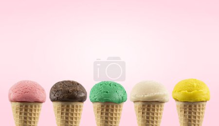 Tasty ice cream cones with different flavors.