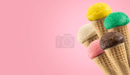 Tasty ice cream cones with different flavors.