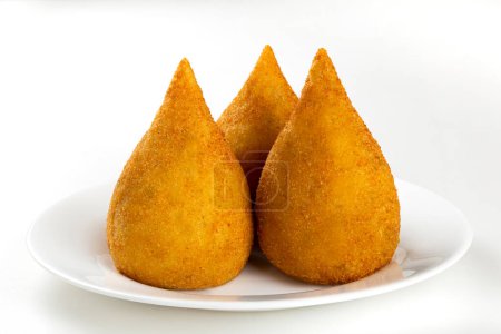 Photo for Coxinha, Traditional Brazilian snack, isolated on white background. Chicken drumstick. - Royalty Free Image