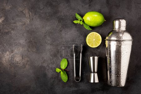 Photo for Ingredients for mojito drink. Lemon, mint and bar ware. - Royalty Free Image