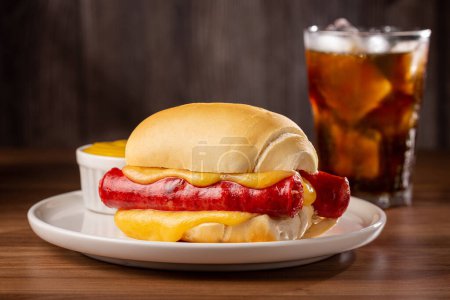 Photo for Cheese and sausage sandwich with soda glass. - Royalty Free Image
