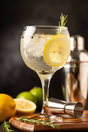 Photo for Gin Tonic garnished with lemon and rosemary. - Royalty Free Image