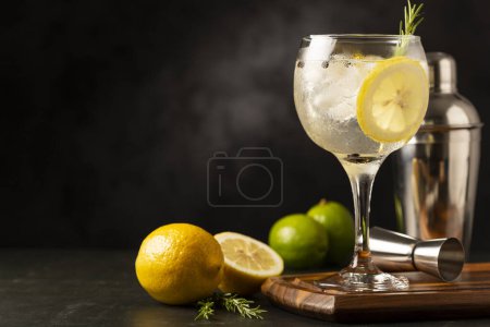 Foto de Ginebra Tonic adornada con limón y romero. - Imagen libre de derechos