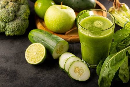 Photo for Healthy detox smoothie with cucumber, broccoli, green apple, kale and green grapes. Detox drink. - Royalty Free Image
