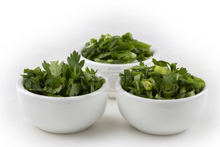 Photo for Sliced cilantro, chives and parsley in ramekin - Royalty Free Image