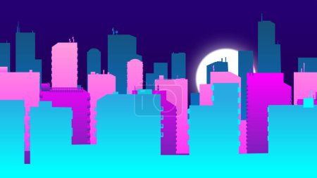 Bunte 2D-Cartoon-artige Animation von Gebäuden in der Nacht, mit einem Mond am Himmel, 4K 60FPS.