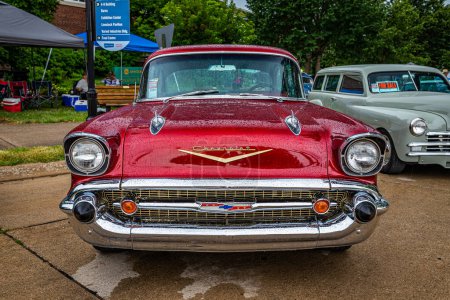 Photo for Des Moines, IA - July 01, 2022: High perspective front view of a 1949 Chevrolet 3100 Stepside Pickup at a local car show. - Royalty Free Image