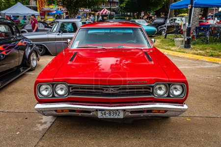 Photo for Des Moines, IA - July 01, 2022: High perspective front view of a 1969 Plymouth GTX 2 Door Hardtop at a local car show. - Royalty Free Image