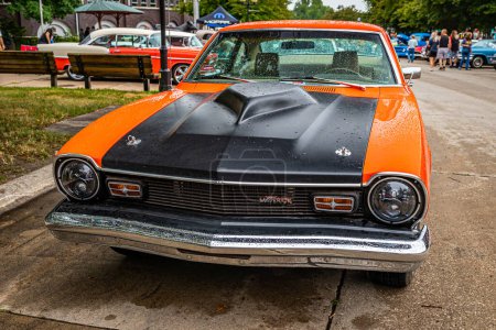 Photo for Des Moines, IA - July 01, 2022: High perspective front view of a 1974 Ford Maverick Grabber Coupe at a local car show. - Royalty Free Image
