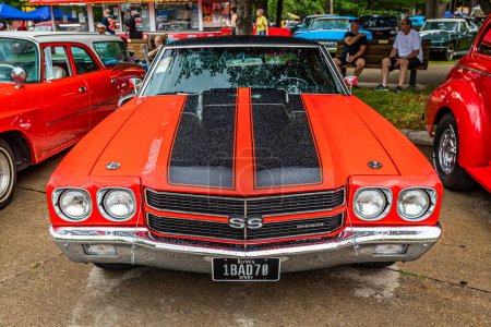 Photo for Des Moines, IA - July 01, 2022: High perspective front view of a 1970 Chevrolet Chevelle SS Hardtop Coupe at a local car show. - Royalty Free Image