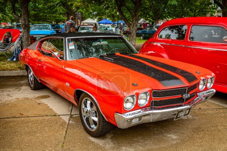 Photo for Des Moines, IA - July 01, 2022: High perspective front corner view of a 1970 Chevrolet Chevelle SS Hardtop Coupe at a local car show. - Royalty Free Image