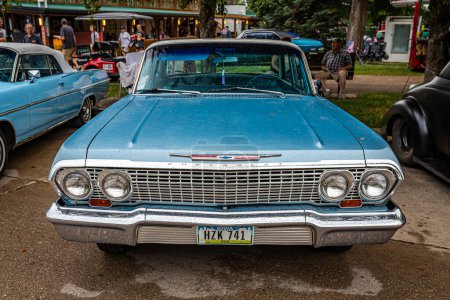 Photo for Des Moines, IA - July 01, 2022: High perspective front view of a 1963 Chevrolet BelAir 4 Door Sedan at a local car show. - Royalty Free Image
