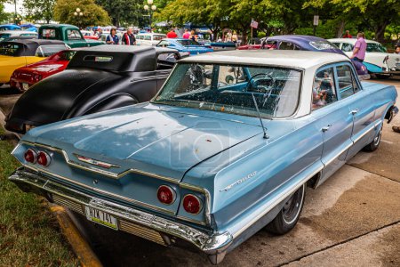 Photo for Des Moines, IA - July 01, 2022: High perspective rear corner view of a 1963 Chevrolet BelAir 4 Door Sedan at a local car show. - Royalty Free Image