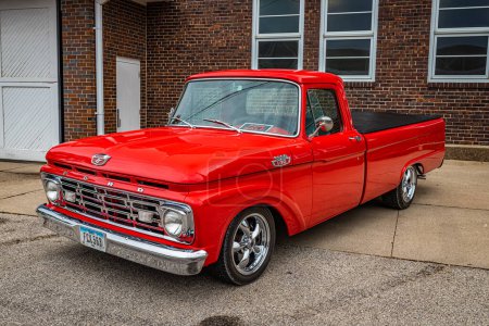 Photo for Des Moines, IA - July 01, 2022: High perspective front corner view of a 1964 Ford F100 Fleetside Pickup Truck at a local car show. - Royalty Free Image
