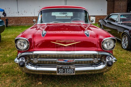 Photo for Des Moines, IA - July 01, 2022: High perspective front view of a 1957 Chevrolet BelAir Sedan Delivery at a local car show. - Royalty Free Image