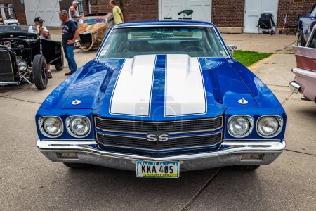 Photo for Des Moines, IA - July 01, 2022: High perspective front view of a 1970 Chevrolet Chevelle SS Hardtop Coupe at a local car show. - Royalty Free Image