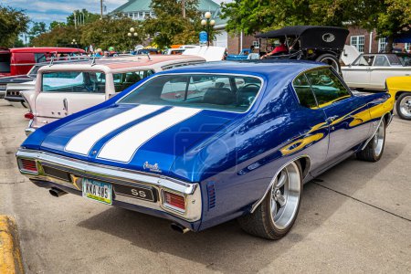 Photo for Des Moines, IA - July 01, 2022: High perspective rear corner view of a 1970 Chevrolet Chevelle SS Hardtop Coupe at a local car show. - Royalty Free Image