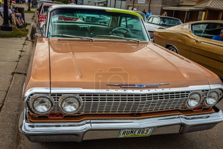 Photo for Des Moines, IA - July 01, 2022: High perspective front view of a 1963 Chevrolet Impala Sport Coupe at a local car show. - Royalty Free Image