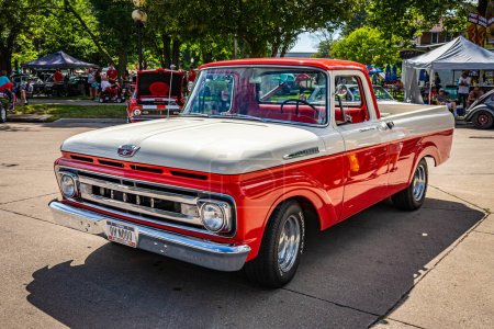 Photo for Des Moines, IA - July 01, 2022: High perspective front corner view of a 1961 Ford F100 Pickup Truck at a local car show. - Royalty Free Image