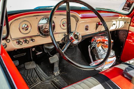 Photo for Des Moines, IA - July 01, 2022: Close up detail interior view of a 1961 Ford F100 Pickup Truck at a local car show. - Royalty Free Image