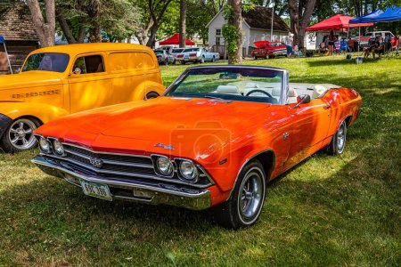 Photo for Des Moines, IA - July 02, 2022: High perspective front corner view of a 1969 Chevrolet Chevelle SS Convertible at a local car show. - Royalty Free Image