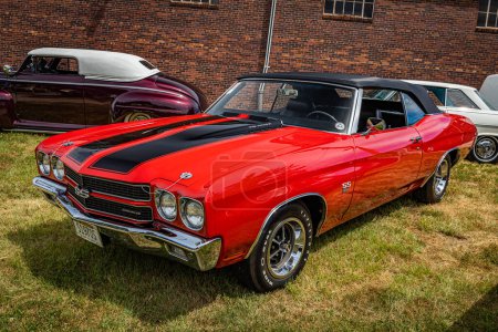 Photo for Des Moines, IA - July 02, 2022: High perspective front corner view of a 1970 Chevrolet Chevelle SS Convertible at a local car show. - Royalty Free Image