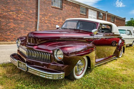 Photo for Des Moines, IA - July 02, 2022: High perspective front corner view of a 1946 Ford Super Deluxe Custom Convertible at a local car show. - Royalty Free Image