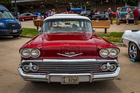 Photo for Des Moines, IA - July 02, 2022: High perspective front view of a 1958 Chevrolet Brookwood Station Wagon at a local car show. - Royalty Free Image