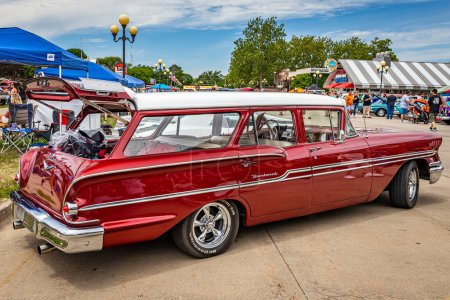 Photo for Des Moines, IA - July 02, 2022: High perspective rear corner view of a 1958 Chevrolet Brookwood Station Wagon at a local car show. - Royalty Free Image