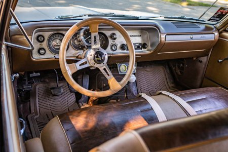 Photo for Des Moines, IA - July 03, 2022: High perspective detail interior view of a 1965 Chevrolet Chevelle Malibu Convertible at a local car show. - Royalty Free Image