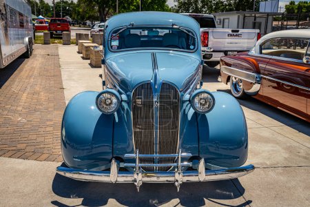 Photo for Des Moines, IA - July 02, 2022: High perspective front view of a 1937 Plymouth P4 2 Door Sedan at a local car show. - Royalty Free Image