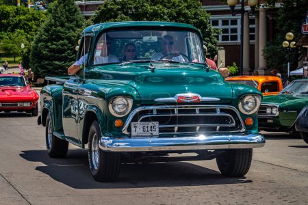 Photo for Des Moines, IA - July 03, 2022: Wide angle front view of a 1957 Chevrolet 3200 Pickup Truck at a local car show - Royalty Free Image