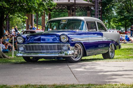 Photo for Des Moines, IA - July 03, 2022: Low perspective front corner view of a 1956 Chevrolet BelAir 2 Door Hardtop at a local car show. - Royalty Free Image