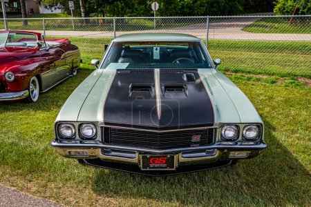 Photo for Iola, WI - July 07, 2022: High perspective front view of a 1972 Buick GS 455 Hardtop Coupe at a local car show. - Royalty Free Image