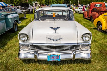 Photo for Iola, WI - July 07, 2022: High perspective front view of a 1956 Chevrolet BelAir Nomad Station Wagon at a local car show. - Royalty Free Image