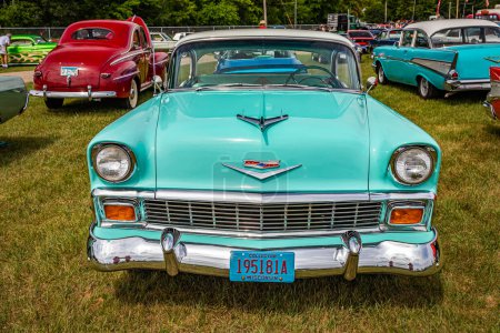 Photo for Iola, WI - July 07, 2022: High perspective front view of a 1956 Chevrolet BelAir Hardtop Coupe at a local car show. - Royalty Free Image