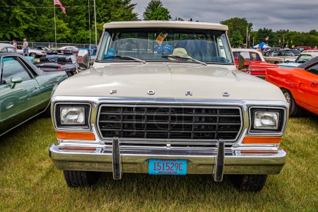 Photo for Iola, WI - July 07, 2022: High perspective front view of a 1979 Ford F250 Ranger XLT Camper Special at a local car show. - Royalty Free Image