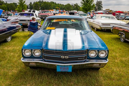 Photo for Iola, WI - July 07, 2022: High perspective front view of a 1970 Chevrolet Chevelle SS Sport Coupe at a local car show. - Royalty Free Image