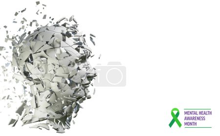 Exploded Human Head Isolated on White 3D illustration. Mental Health Awareness. Anxiety, Depression, Stress, Disorder, Confusion. 